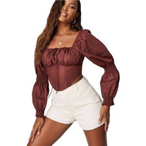 MISSGUIDED Milkmaid Chocolate Brown Corset Puff Sleeve Square Neck Blouse Size 6